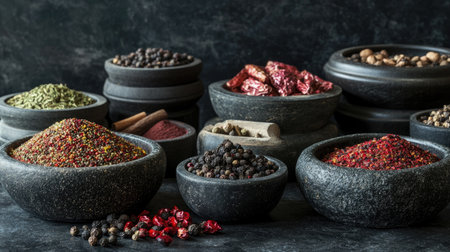 Gourmet spices in rustic stone bowls, showcasing a vibrant variety of global flavors and culinary diversity on a dark surfaceの素材