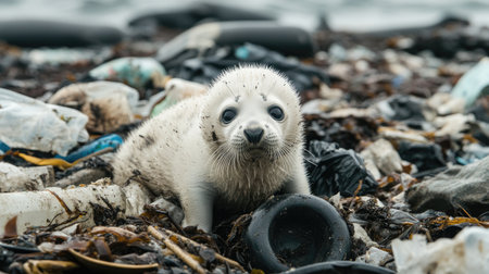 Seal pup trapped among plastic debris on a polluted shore, symbolizing the harmful effects of ocean waste on vulnerable marine speciesの素材