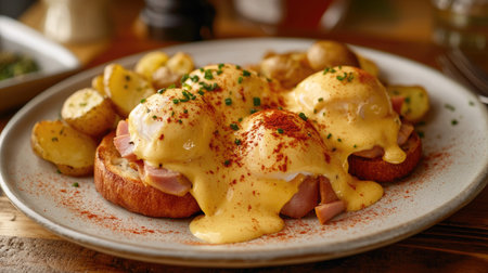 Delicious eggs benedict with poached eggs, ham, creamy hollandaise, and a side of sliced potatoes, garnished with paprika.の素材