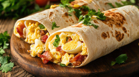 Warm breakfast burritos filled with eggs, bacon, and cheese, placed on a wooden plate with fresh herbs for a hearty morning mealの素材