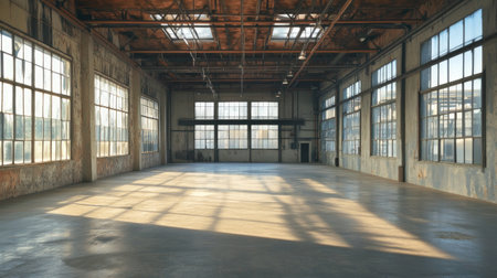 Empty industrial warehouse with high ceilings and big windows, showing ample storage space and natural lightの素材