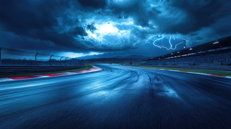A dramatic image of a race track under a stormy sky, with lightning in the distance.の素材
