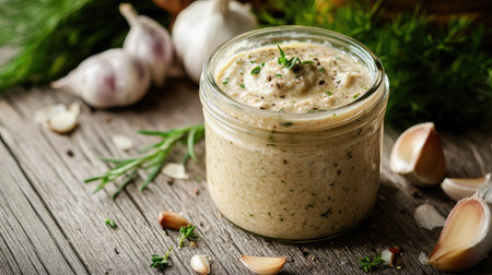 Rustic jar of garlic sauce surrounded by fresh ingredients like garlic bulbs and herbs, evoking homemade culinary traditionsの素材