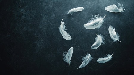 Floating white feathers on a dark background, evoking a sense of calm, lightness, and timeless eleganceの素材