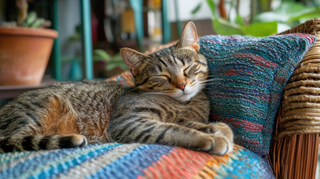 Peaceful tabby cat resting on a multicolored wicker chair, adding to the cozy and inviting feel of a pet-friendly spaceの素材