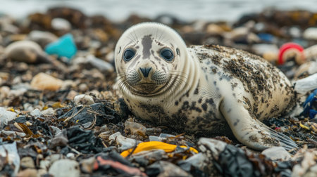 Young seal pup lying on a polluted beach littered with plastic waste, showcasing the urgent need for ocean conservation effortsの素材