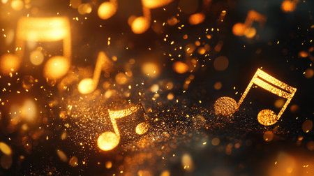 A mesmerizing background of golden musical notes, sparkling with bokeh lightsの素材