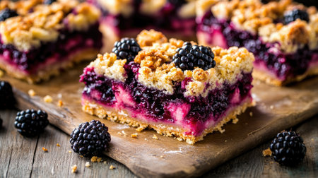 A blackberry crumble bar, cut in half to reveal its delicious fillingの素材