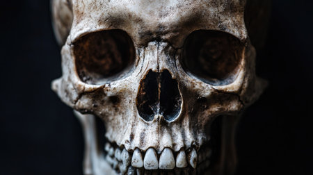 A close-up of a single human skull, with a haunting expression.の素材