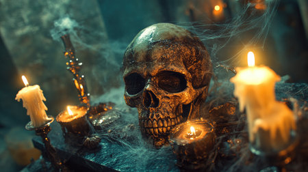 A gothic scene with a human skull and bones, surrounded by candles and cobwebs.の素材