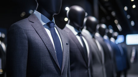 Business mannequins wearing tailored suits in shades of navy, gray, and black, in a sleek display under bright lights.の素材