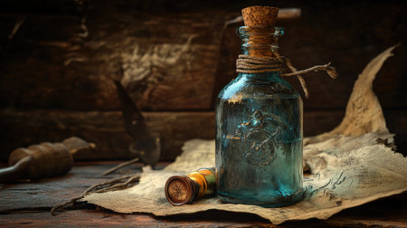 A pirate bottle, filled with a mysterious liquid, with a cork and wax seal.の素材