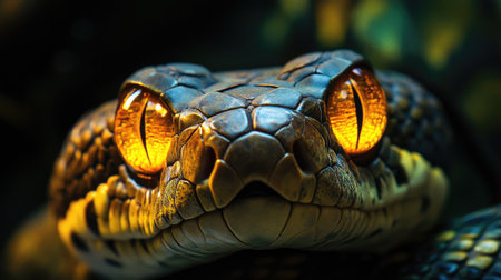 A close-up of a snake's eyes, glowing with an intense, predatory lightの素材