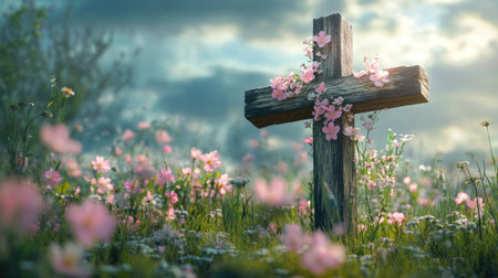 A rustic wooden cross adorned with delicate pink blossoms, standing in a field of wildflowers.の素材