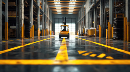 A photorealistic image of a warehouse floor with yellow markings and a forklift in the backgroundの素材