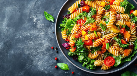 A plate of colorful pasta with fresh greens and veggies, styled for a delicious and vibrant gourmet cuisine advertisementの素材