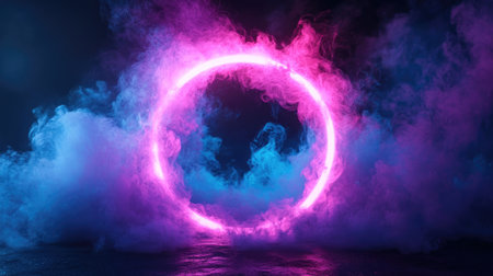 A vibrant neon-lit smoke ring with geometric patterns, glowing against a dark backdrop.の素材