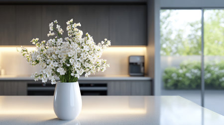 A modern kitchen with white flowers in a vase, showcasing kitchenware or appliances.の素材
