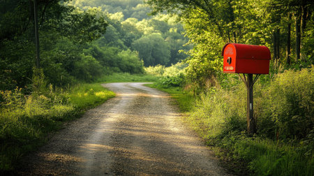 A red mailbox along a scenic rural road, surrounded by greenery, symbolizing the connection between distant places.の素材