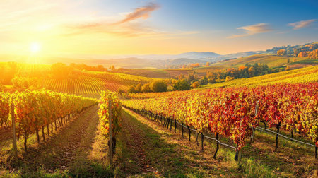 Autumn vineyard with warm sunlight, vibrant fall colors on grapevines, and scenic rolling hills in the background.の素材