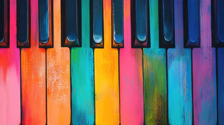 A vibrant abstract background of piano keys, painted with colorful gradient stripes.の素材