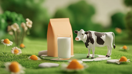 3D ad template featuring milk pack, farm model with cow, and glass of milk on a bright platform for product promotionの素材