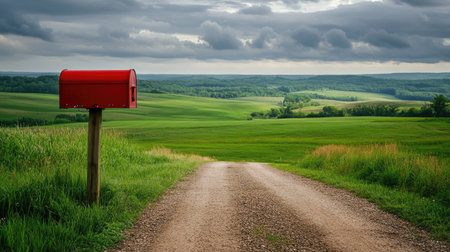 A red mailbox stands tall on a rural road, with rolling green hills in the background, representing connection in the countryside.の素材