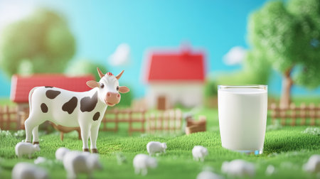 3D milk ad template with a milk pack mock-up, miniature farm setting, cow figurine, and glass of milk, bright backdropの素材