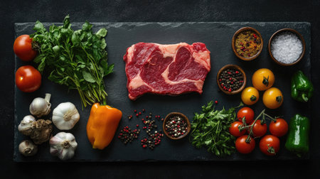 Raw steak, vibrant vegetables, and aromatic spices arranged on a dark stone board.の素材