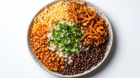 A plate of Egyptian koshari, featuring rice, lentils, pasta, and crispy onions on a white background, with vibrant details.の素材