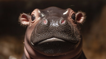 Close-up of an adorable baby hippo, its round and chubby face looking up with wide, playful eyes, perfect for animal lovers.の素材