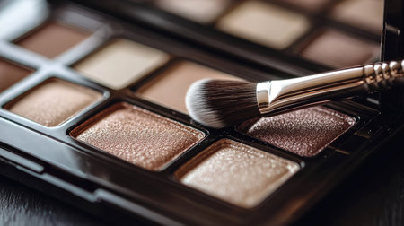 Close-up of an open makeup palette featuring neutral and beige eye shadow shades, with a brush lying diagonally. Cosmetic elegance and style.の素材