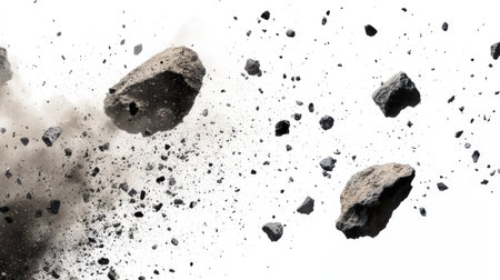 Close-up of flying stones and dust particles on a white background, illustrating a dramatic rock explosion effect.の素材