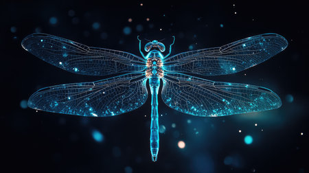 Ethereal dragonfly with glowing blue wings, shimmering against a deep black background, creating a surreal effectの素材
