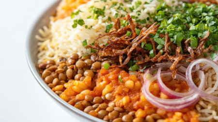 Close-up of Egyptian koshari, with rice, lentils, pasta, and crispy onions, presented on a white background for a clean and vibrant look.の素材