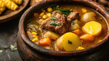 Close-up of Colombian sancocho soup in a rustic bowl, showcasing its hearty ingredients like meat, corn, and potatoes, with space for text.の素材