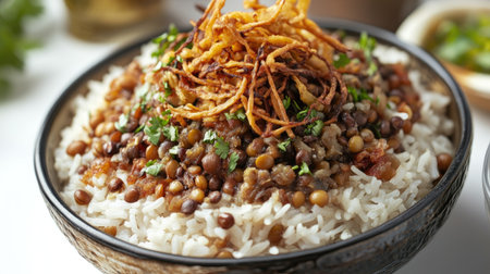 Delicious Egyptian koshari dish on a white background, featuring rice, lentils, and crispy onions, offering a taste of Middle Eastern cuisine.の素材