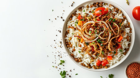 Delicious Egyptian koshari dish on a white background, featuring rice, lentils, and crispy onions, offering a taste of Middle Eastern cuisine.の素材