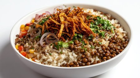 Delicious Egyptian koshari dish on a white background, featuring rice, lentils, and crispy onions, offering a taste of Middle Eastern cuisine.の素材