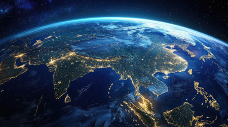 Earth seen from space at night, with the illuminated urban sprawl of Asia, highlighting the region's intense economic activity.の素材