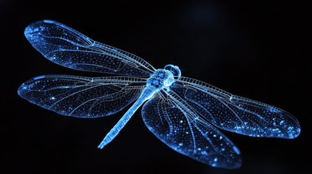 Delicate blue dragonfly wings glow ethereally against a black background, creating a mesmerizing and mystical sceneの素材