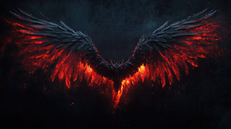 Dark demon wings with a menacing red glow, radiating power and danger against a pitch-black backdropの素材