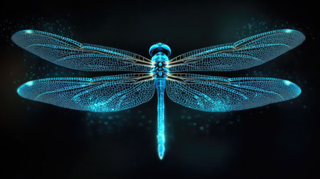 Ethereal dragonfly with glowing blue wings, shimmering against a deep black background, creating a surreal effectの素材