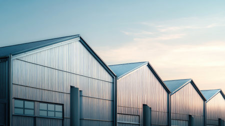 Large warehouse building with shiny modern metal roofing under a clear sky, representing industrial efficiency and durabilityの素材