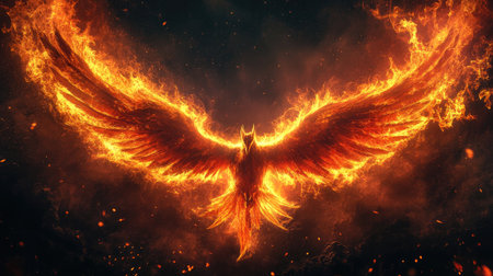 Fiery phoenix wings burst through the darkness with blazing feathers, lighting up the night in an intense, dramatic sceneの素材
