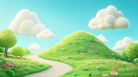 Cute anime-style hill with rounded edges, soft green grass, light blue sky, and fluffy clouds, in bright and colorful 3D clay styleの素材