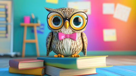 Cute 3D cartoon owl with glasses and a bow tie, sitting on a pile of books, with a colorful classroom background.の素材