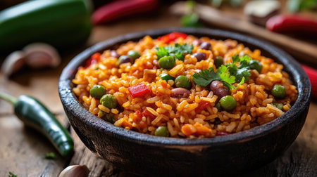 Delicious arroz con gandules, a classic Puerto Rican dish of rice and pigeon peas, presented with a blank area for text or messaging.の素材