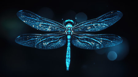 Ethereal dragonfly with glowing blue wings, shimmering against a deep black background, creating a surreal effectの素材