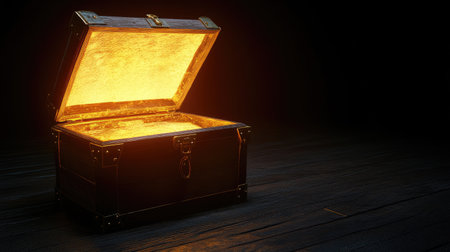 Glowing treasure chest open with a blank area for text, ready to be used for storytelling or promotional content.の素材